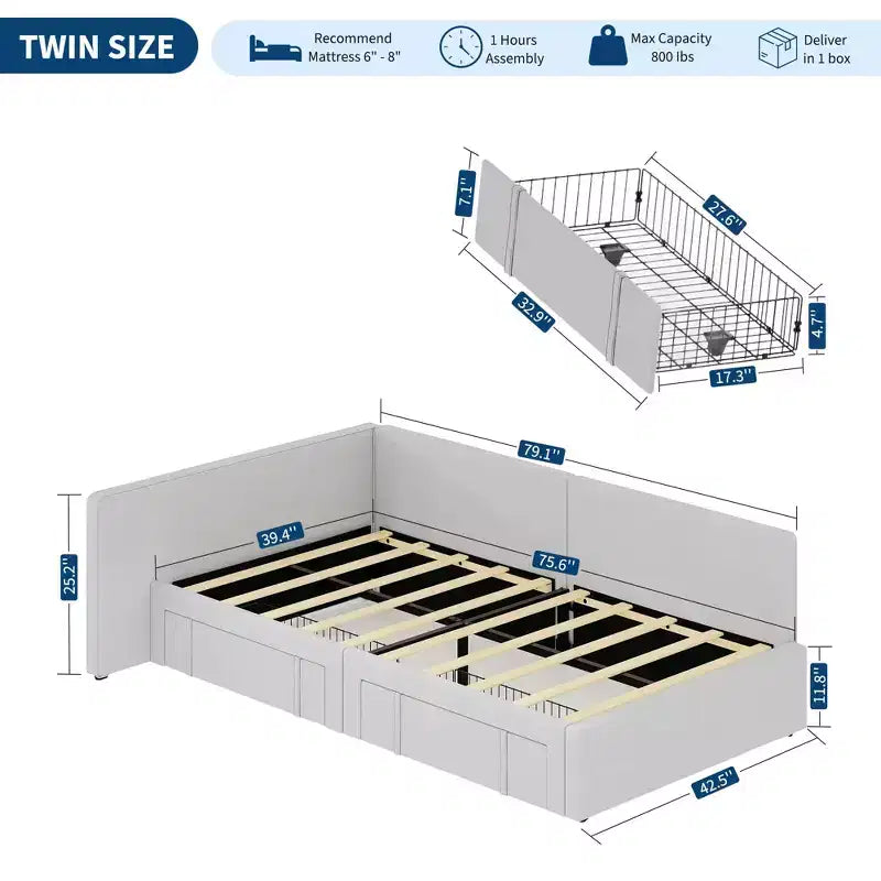 Lit de repos double avec tiroirs de rangement, cadre de lit d'angle en velours avec tête de lit, lit moderne pour enfants avec barrières de lit pour salon, chambre
