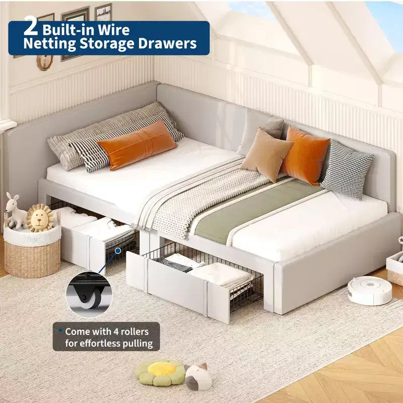 Lit de repos double avec tiroirs de rangement, cadre de lit d'angle en velours avec tête de lit, lit moderne pour enfants avec barrières de lit pour salon, chambre