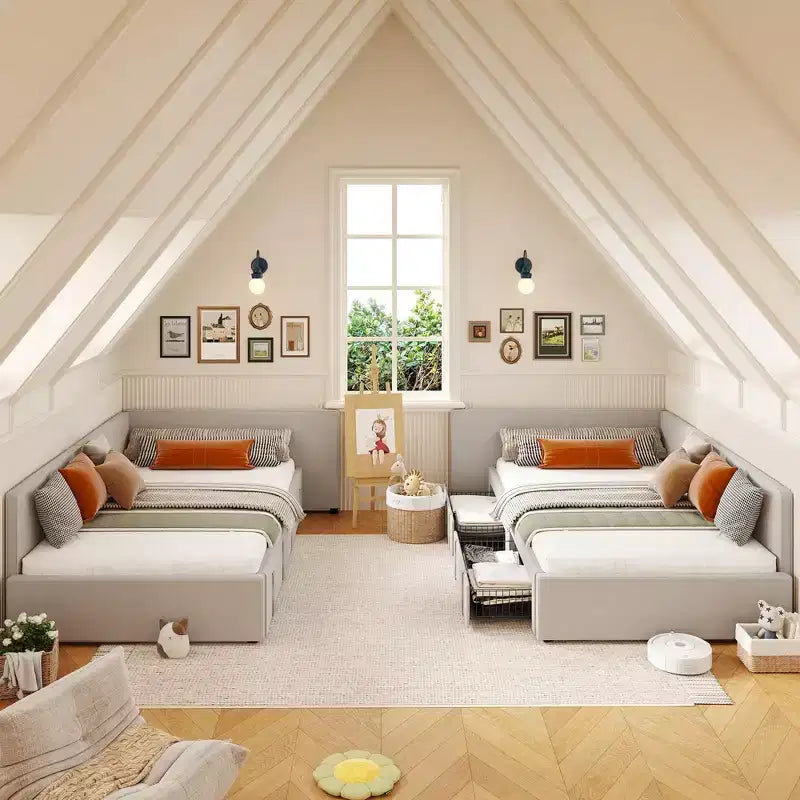 Lit de repos double avec tiroirs de rangement, cadre de lit d'angle en velours avec tête de lit, lit moderne pour enfants avec barrières de lit pour salon, chambre