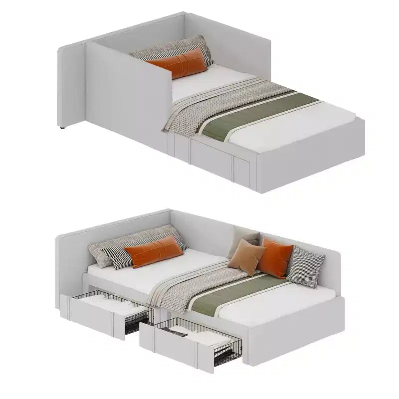 Lit de repos double avec tiroirs de rangement, cadre de lit d'angle en velours avec tête de lit, lit moderne pour enfants avec barrières de lit pour salon, chambre
