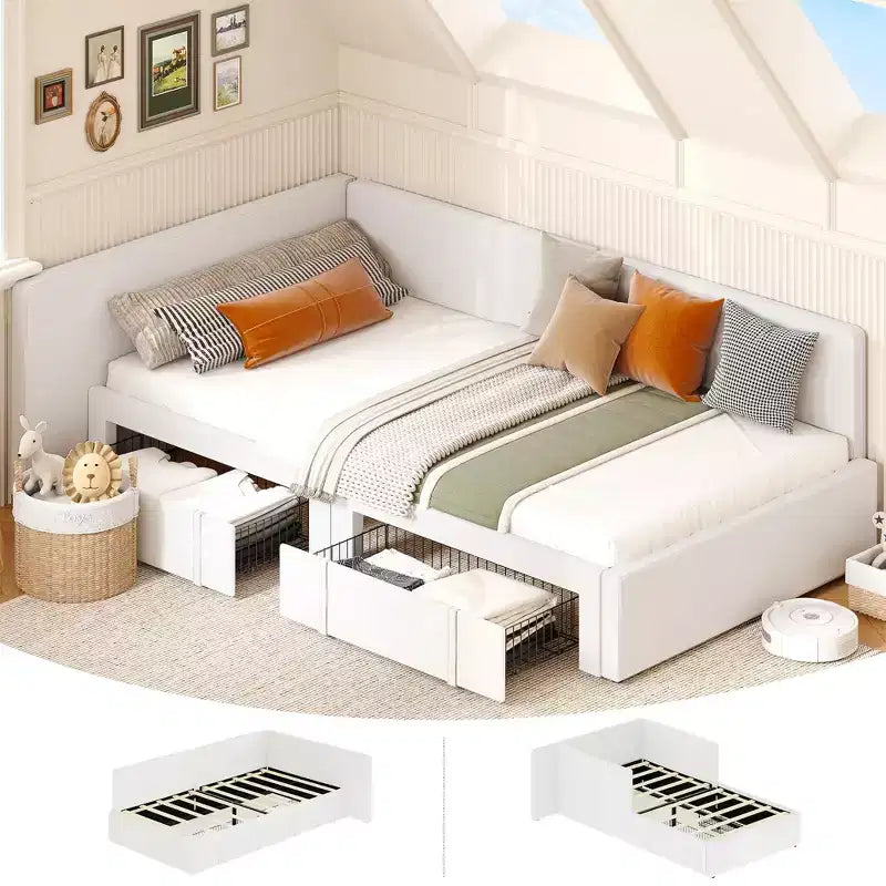 Lit de repos double avec tiroirs de rangement, cadre de lit d'angle en velours avec tête de lit, lit moderne pour enfants avec barrières de lit pour salon, chambre