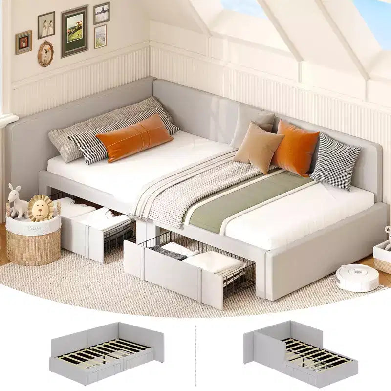 Twin Daybed with Storage Drawers, Velvet Upholstered Corner Bed Frame with Headboard, Modern Kids Bed with Bed Rails for Living Room, Bedroom