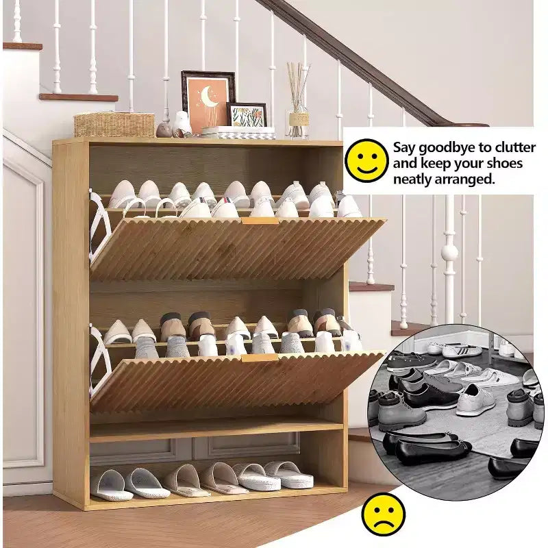 Meuble à chaussures étroit cannelé avec tiroirs abattants et crochets latéraux, Organisateur de rangement compact pour entrée, couloir ou appartement, Fini chêne