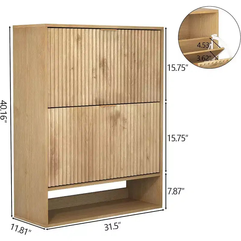 Meuble à chaussures étroit cannelé avec tiroirs abattants et crochets latéraux, Organisateur de rangement compact pour entrée, couloir ou appartement, Fini chêne