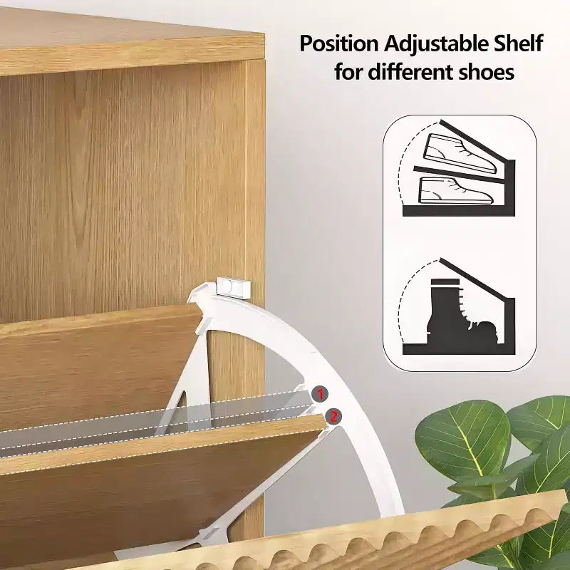 Meuble à chaussures étroit cannelé avec tiroirs abattants et crochets latéraux, Organisateur de rangement compact pour entrée, couloir ou appartement, Fini chêne