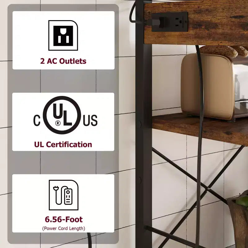 Étagère de boulanger à 5 niveaux avec panier métallique, support de micro-ondes avec prises de courant et étagères de cuisine ouvertes