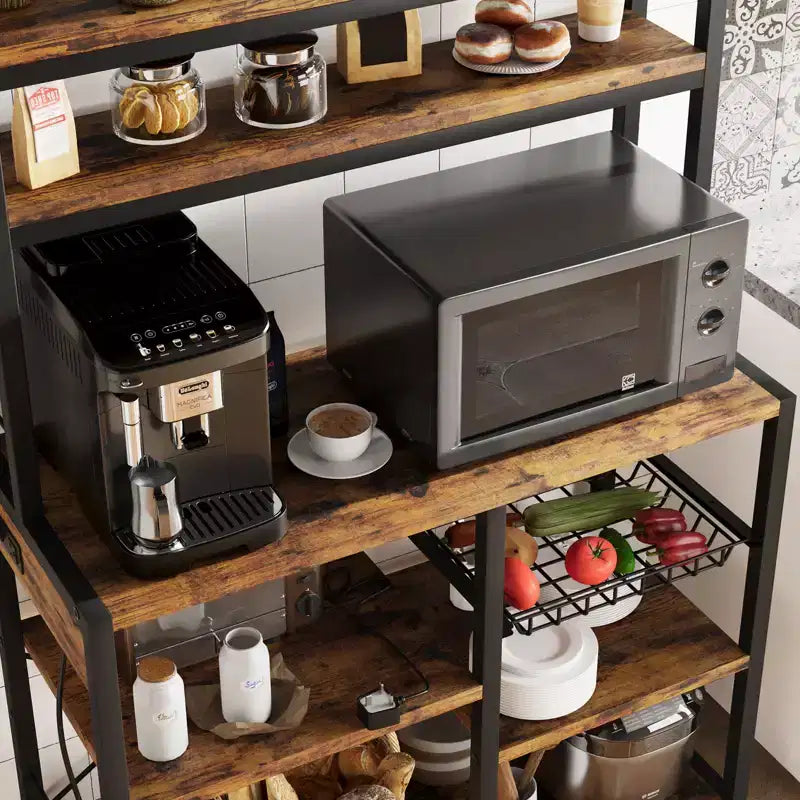 Étagère de boulanger à 5 niveaux avec panier métallique, support de micro-ondes avec prises de courant et étagères de cuisine ouvertes