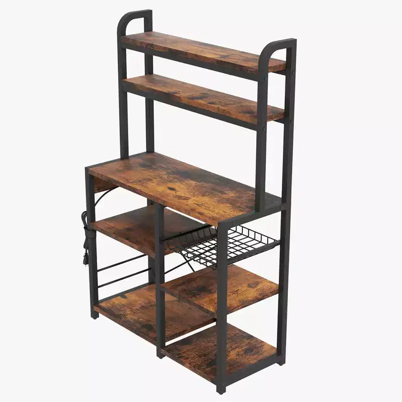 Étagère de boulanger à 5 niveaux avec panier métallique, support de micro-ondes avec prises de courant et étagères de cuisine ouvertes