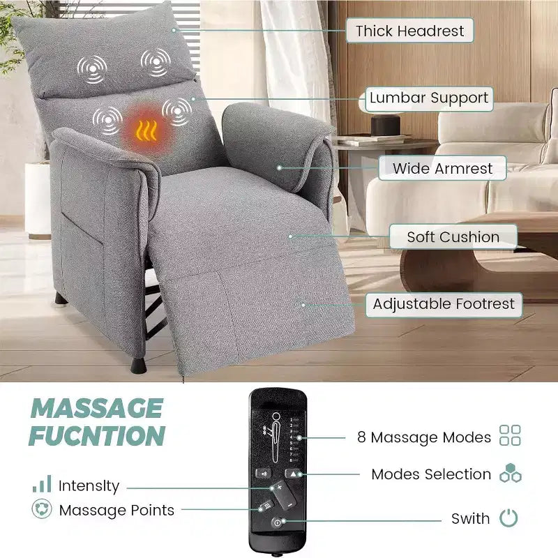 Fauteuil inclinable avec massage et chauffage, fauteuil inclinable simple réglable avec télécommande, siège de cinéma maison et fauteuil pour salon, gris