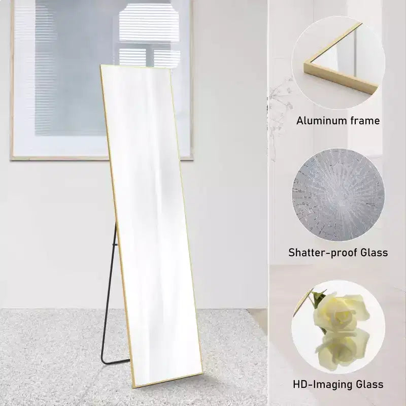 Miroir pleine longueur Miroir sur pied Miroir mural avec support Cadre fin en alliage d'aluminium