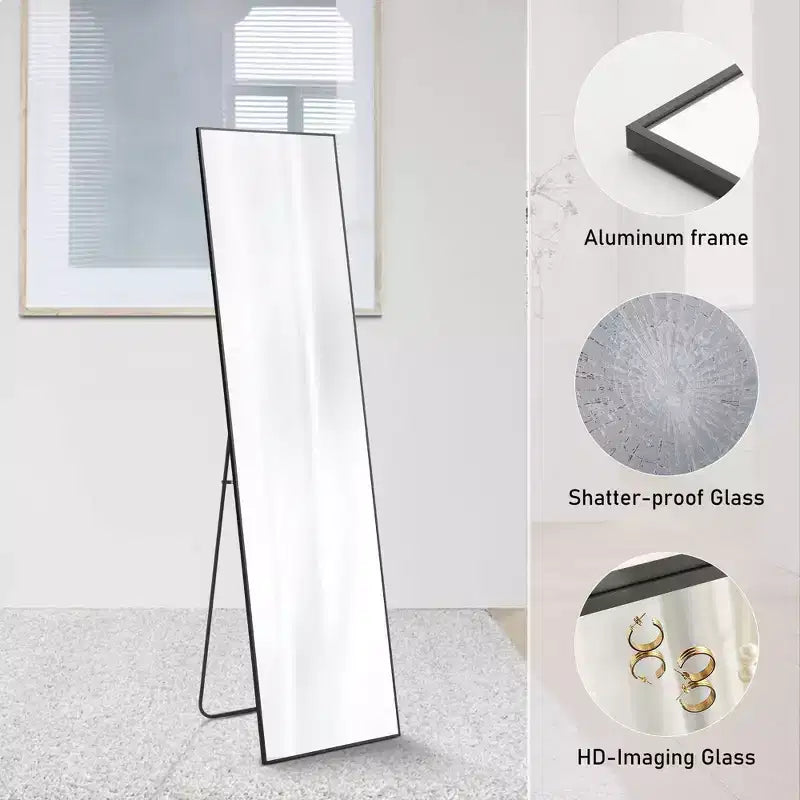 Miroir pleine longueur Miroir sur pied Miroir mural avec support Cadre fin en alliage d'aluminium