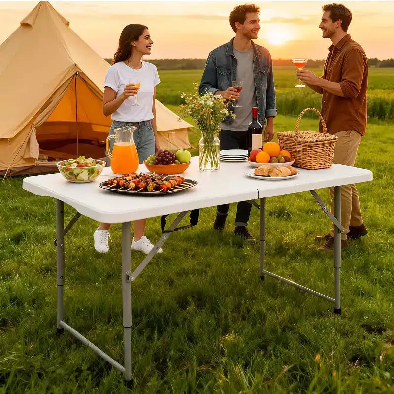 Table pliante FDW 4 pieds, table de pique-nique/fête portable en plastique qui se plie en deux avec poignée de transport (blanc, 4 pieds)