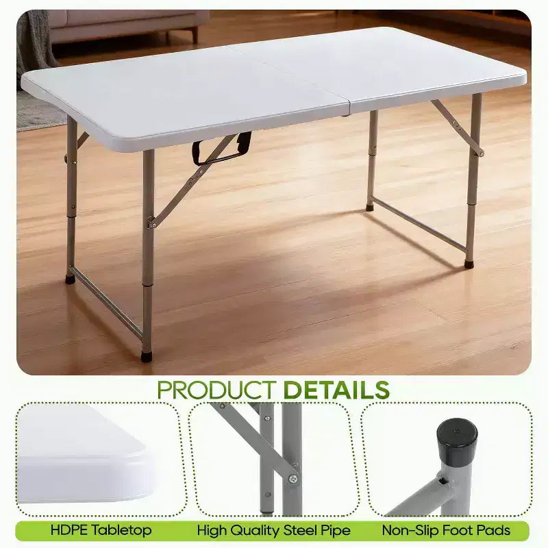 Table pliante FDW 4 pieds, table de pique-nique/fête portable en plastique qui se plie en deux avec poignée de transport (blanc, 4 pieds)