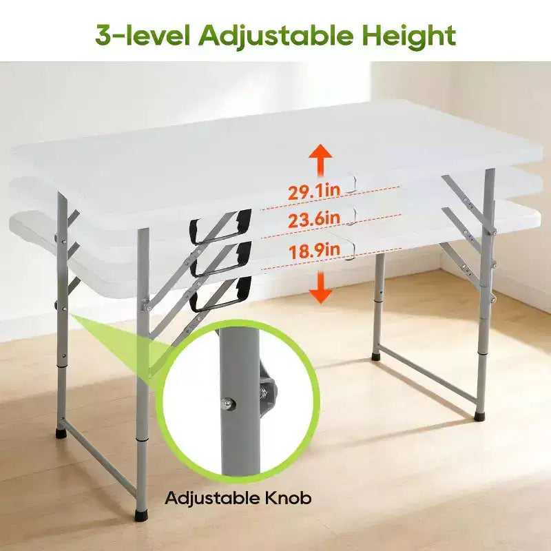Table pliante FDW 4 pieds, table de pique-nique/fête portable en plastique qui se plie en deux avec poignée de transport (blanc, 4 pieds)