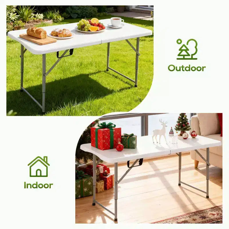 Table pliante FDW 4 pieds, table de pique-nique/fête portable en plastique qui se plie en deux avec poignée de transport (blanc, 4 pieds)