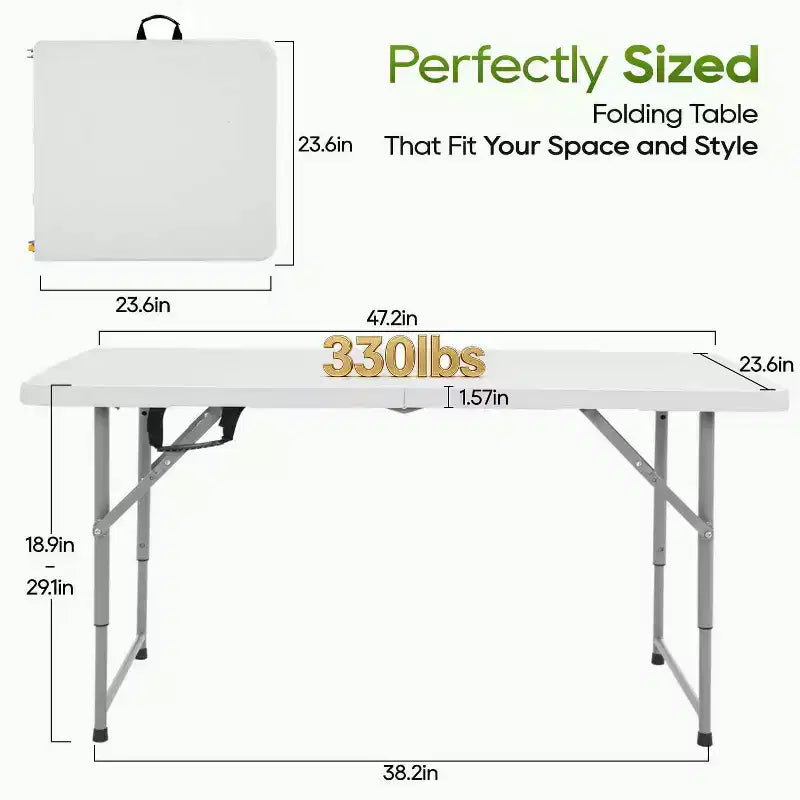 Table pliante FDW 4 pieds, table de pique-nique/fête portable en plastique qui se plie en deux avec poignée de transport (blanc, 4 pieds)
