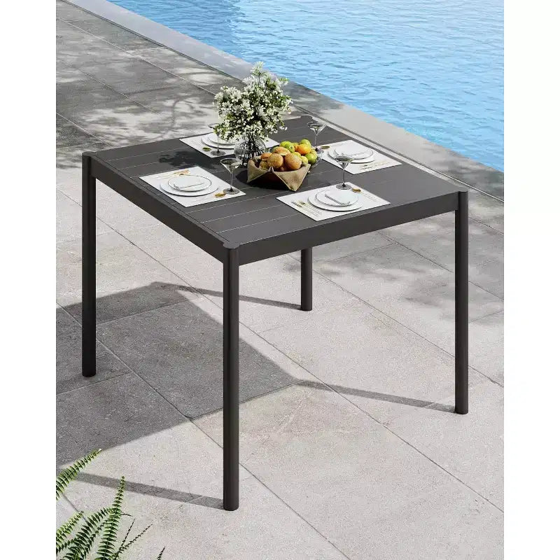 Table de jardin pour 4/6 personnes, Table d'extérieur en aluminium avec cadre en acier inoxydable, Mobilier d'extérieur robuste de 159 kg sans entretien, Noir