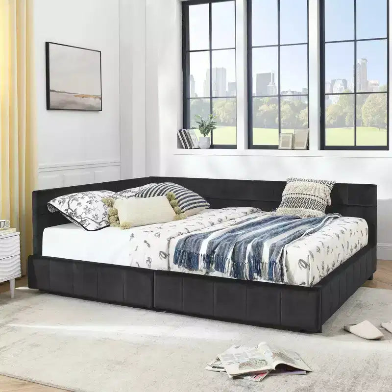 Lit Queen Size avec Rangement, Cadre Rembourré Capitonnage, avec Dossier et Accoudoirs, pour Chambre à Coucher, Noir