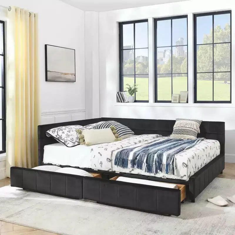 Lit Queen Size avec Rangement, Cadre Rembourré Capitonnage, avec Dossier et Accoudoirs, pour Chambre à Coucher, Noir