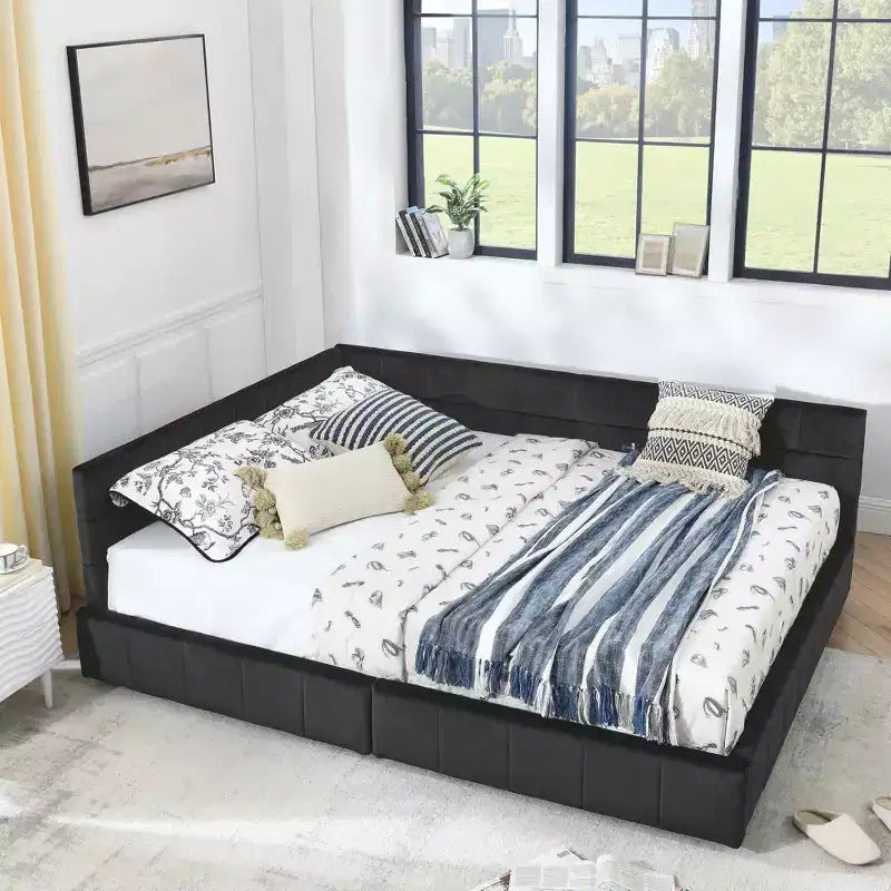 Lit Queen Size avec Rangement, Cadre Rembourré Capitonnage, avec Dossier et Accoudoirs, pour Chambre à Coucher, Noir