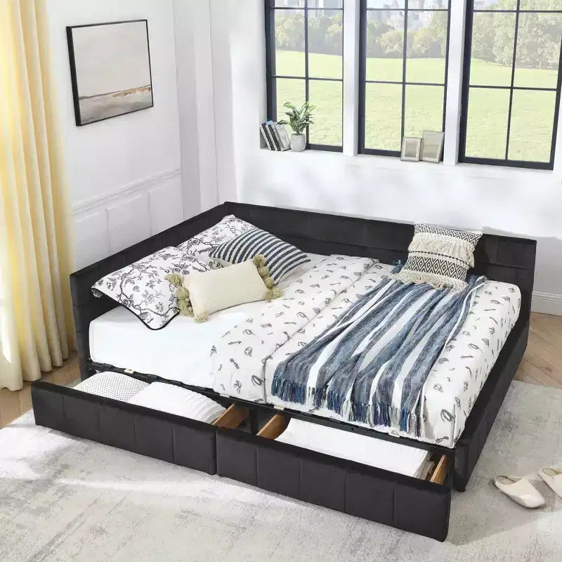 Lit Queen Size avec Rangement, Cadre Rembourré Capitonnage, avec Dossier et Accoudoirs, pour Chambre à Coucher, Noir