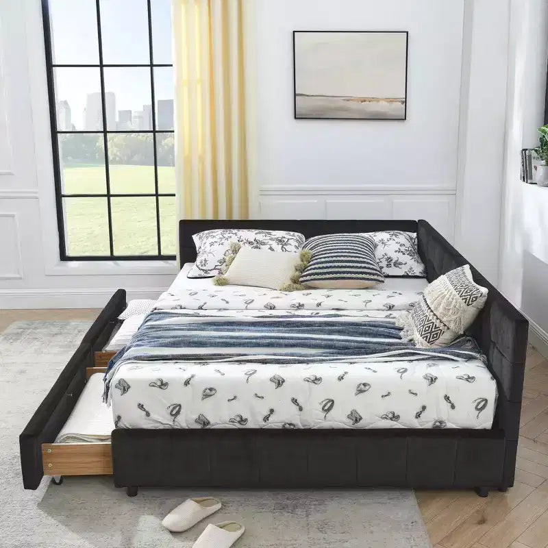 Lit Queen Size avec Rangement, Cadre Rembourré Capitonnage, avec Dossier et Accoudoirs, pour Chambre à Coucher, Noir