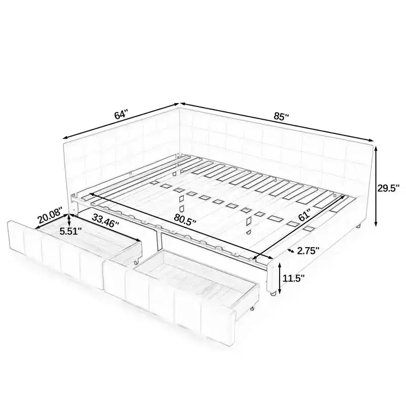 Lit Queen Size avec Rangement, Cadre Rembourré Capitonnage, avec Dossier et Accoudoirs, pour Chambre à Coucher, Noir