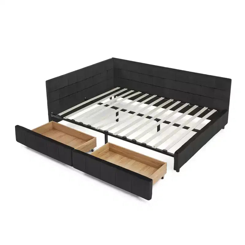 Lit Queen Size avec Rangement, Cadre Rembourré Capitonnage, avec Dossier et Accoudoirs, pour Chambre à Coucher, Noir
