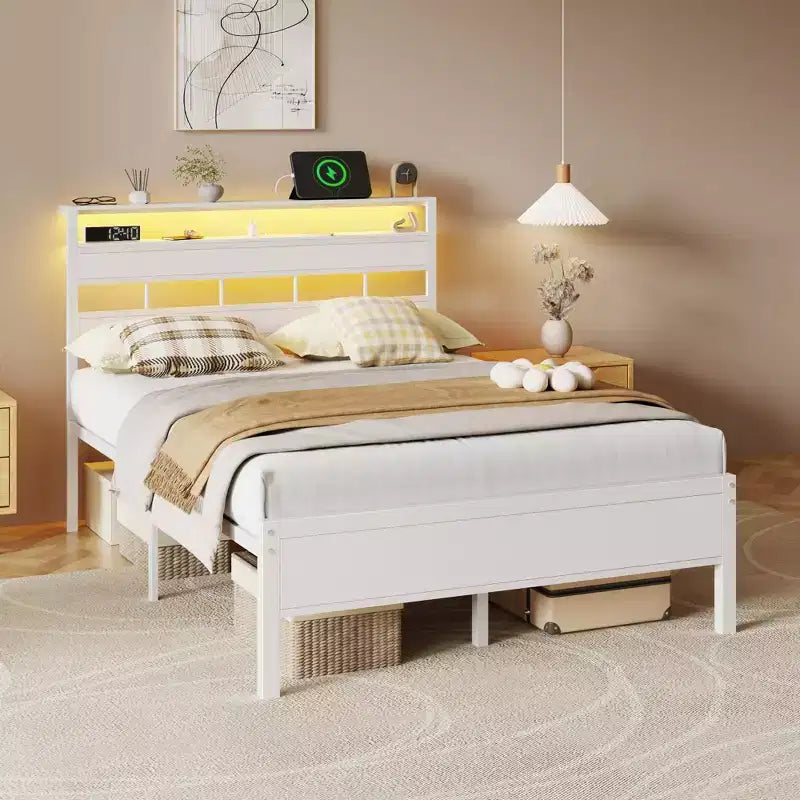 Cadre de lit moderne blanc pleine grandeur avec lumières LED, tête de lit de rangement, station de charge USB-C, plateforme de lit en métal pour chambre d'adolescent gamer, pas besoin de sommier.
