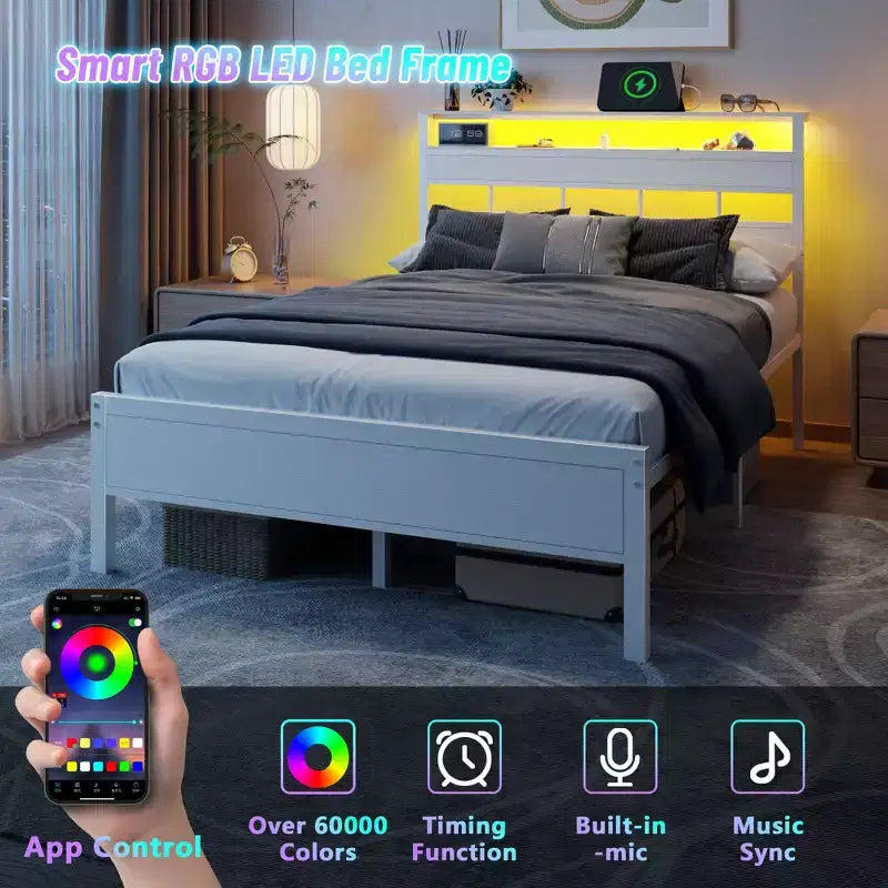 Cadre de lit moderne blanc pleine grandeur avec lumières LED, tête de lit de rangement, station de charge USB-C, plateforme de lit en métal pour chambre d'adolescent gamer, pas besoin de sommier.