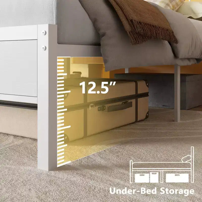 Cadre de lit moderne blanc pleine grandeur avec lumières LED, tête de lit de rangement, station de charge USB-C, plateforme de lit en métal pour chambre d'adolescent gamer, pas besoin de sommier.
