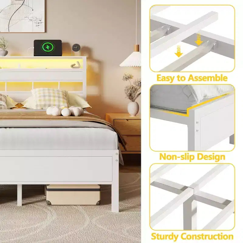Cadre de lit moderne blanc pleine grandeur avec lumières LED, tête de lit de rangement, station de charge USB-C, plateforme de lit en métal pour chambre d'adolescent gamer, pas besoin de sommier.