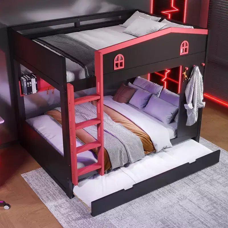 Lit superposé en bois avec lit gigogne, étagères de rangement et crochets