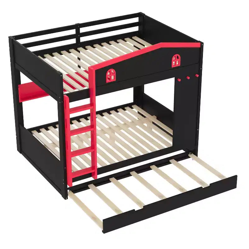 Lit superposé en bois avec lit gigogne, étagères de rangement et crochets
