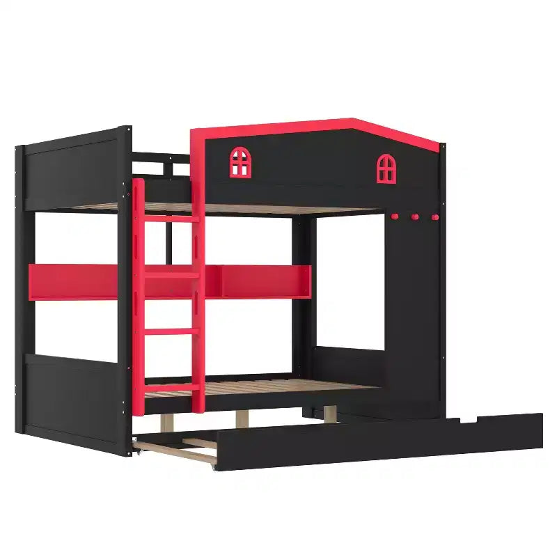 Lit superposé en bois avec lit gigogne, étagères de rangement et crochets
