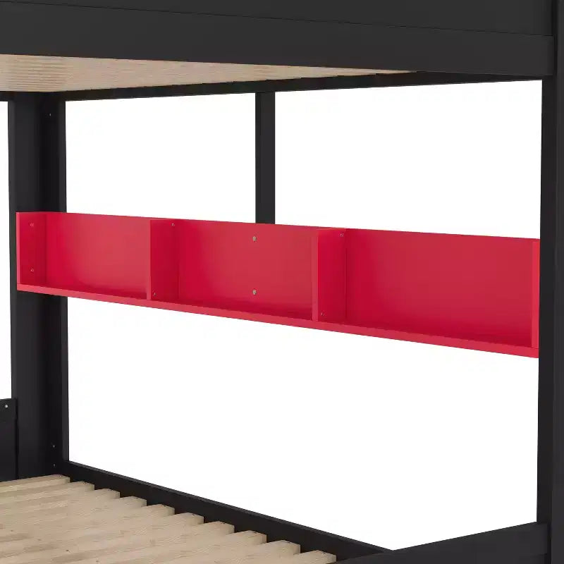 Lit superposé en bois avec lit gigogne, étagères de rangement et crochets