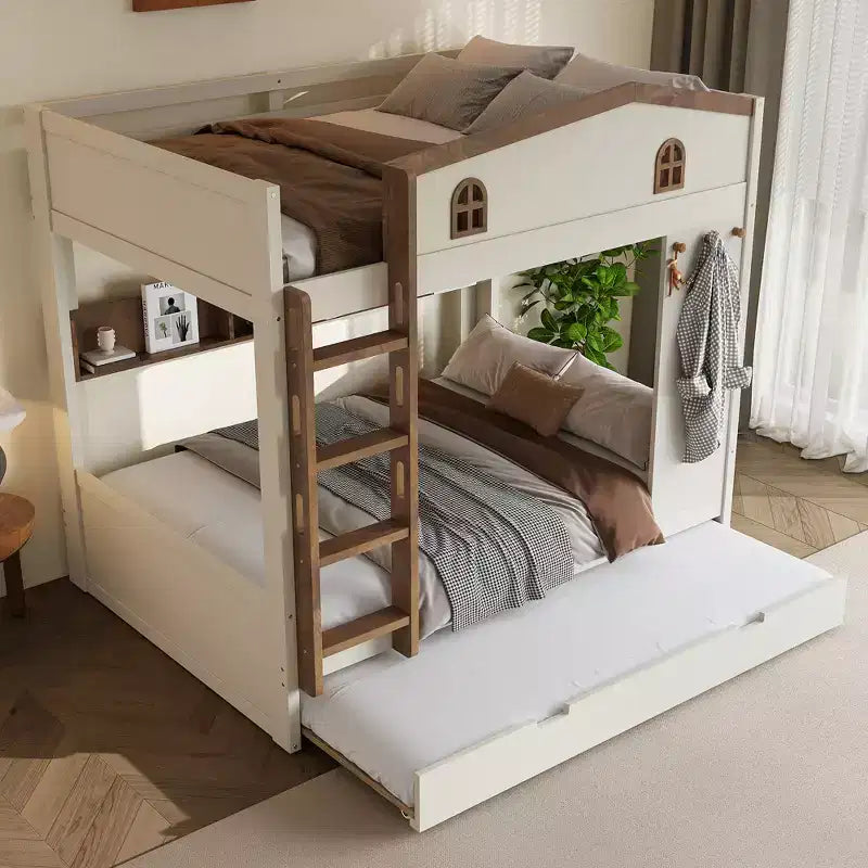 Lit superposé en bois avec lit gigogne, étagères de rangement et crochets