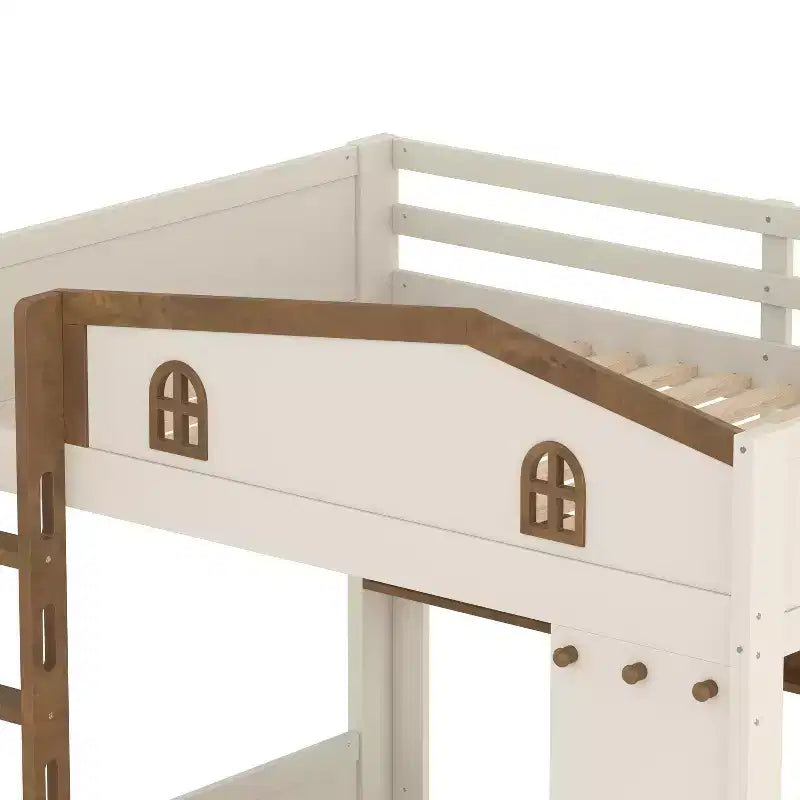Lit superposé en bois avec lit gigogne, étagères de rangement et crochets