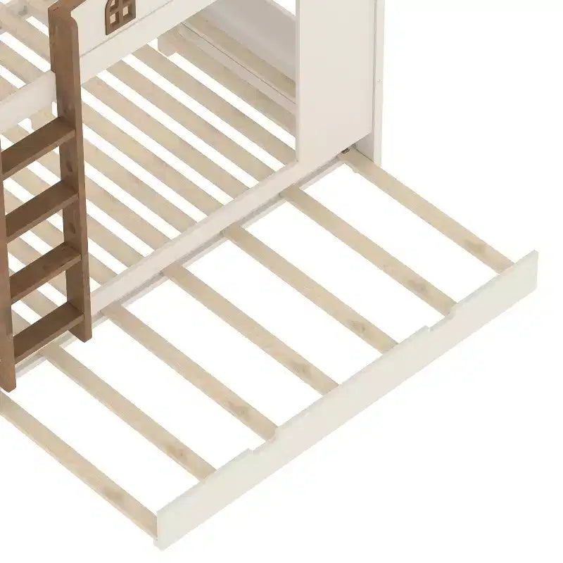 Lit superposé en bois avec lit gigogne, étagères de rangement et crochets