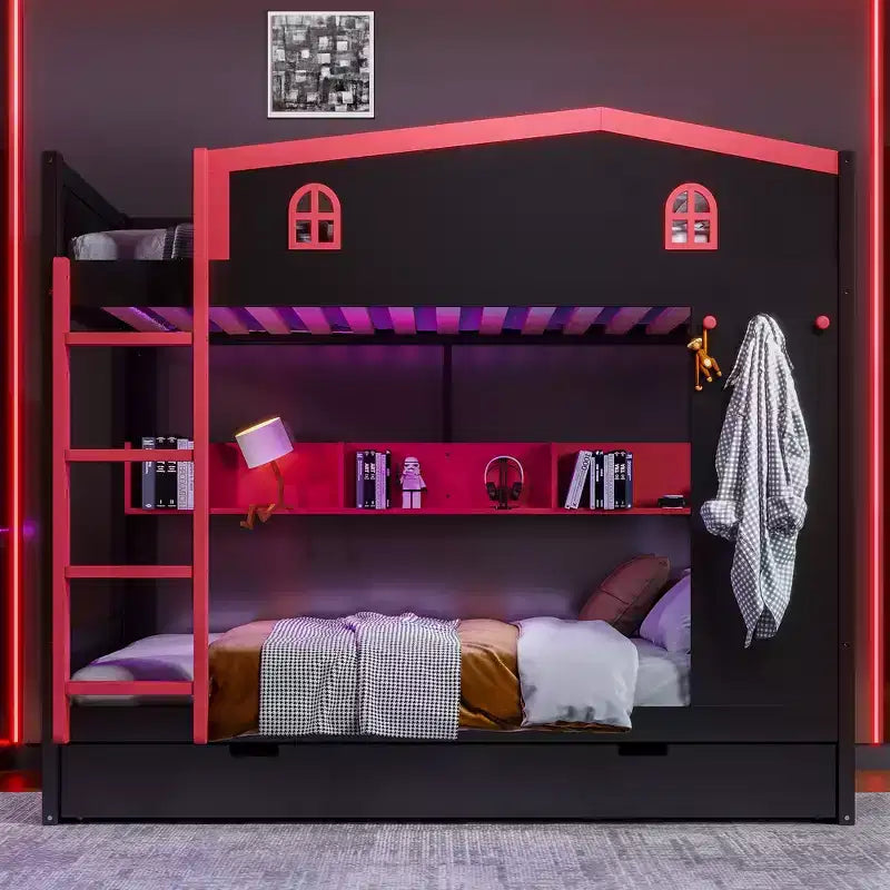 Lit superposé en bois avec lit gigogne, étagères de rangement et crochets