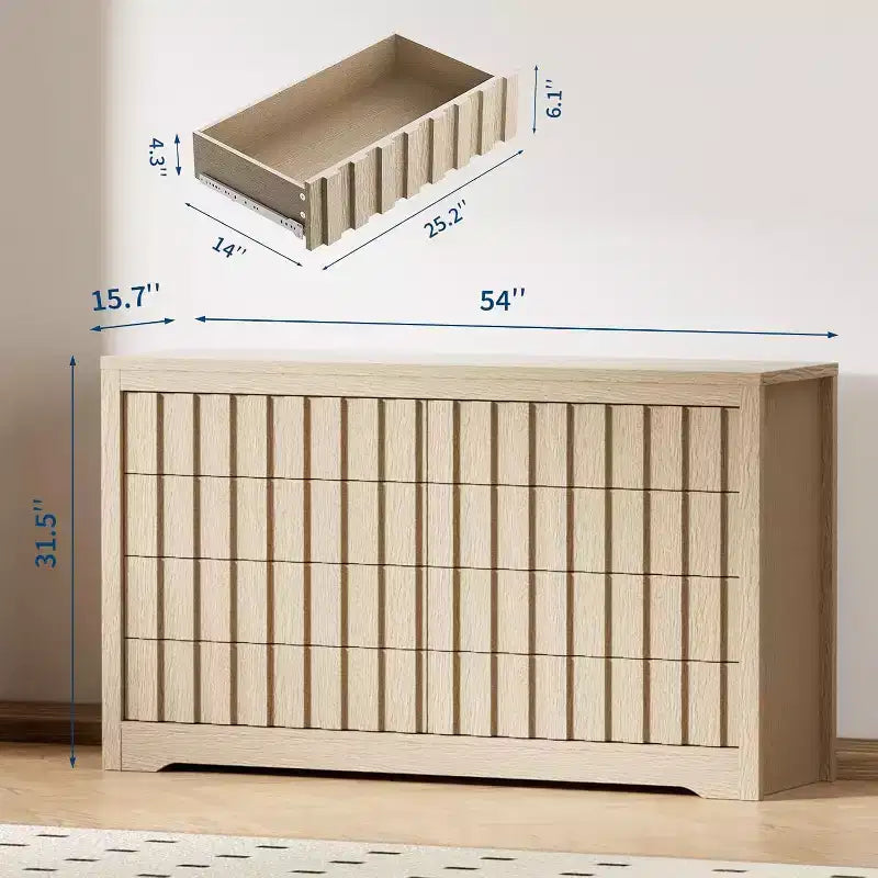 Commode Cannelée pour Chambre à Coucher avec 8 Tiroirs, Commode Moderne de 137 cm de Largeur avec Profil Courbe, Organisateur de Tiroirs en Bois Naturel pour Chambre à Coucher