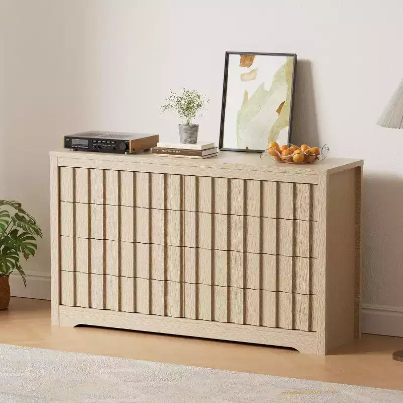 Commode Cannelée pour Chambre à Coucher avec 8 Tiroirs, Commode Moderne de 137 cm de Largeur avec Profil Courbe, Organisateur de Tiroirs en Bois Naturel pour Chambre à Coucher