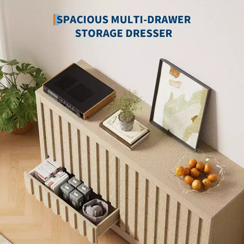 Commode Cannelée pour Chambre à Coucher avec 8 Tiroirs, Commode Moderne de 137 cm de Largeur avec Profil Courbe, Organisateur de Tiroirs en Bois Naturel pour Chambre à Coucher