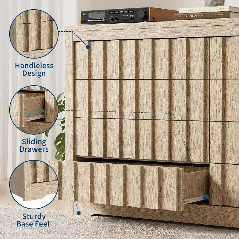 Commode Cannelée pour Chambre à Coucher avec 8 Tiroirs, Commode Moderne de 137 cm de Largeur avec Profil Courbe, Organisateur de Tiroirs en Bois Naturel pour Chambre à Coucher