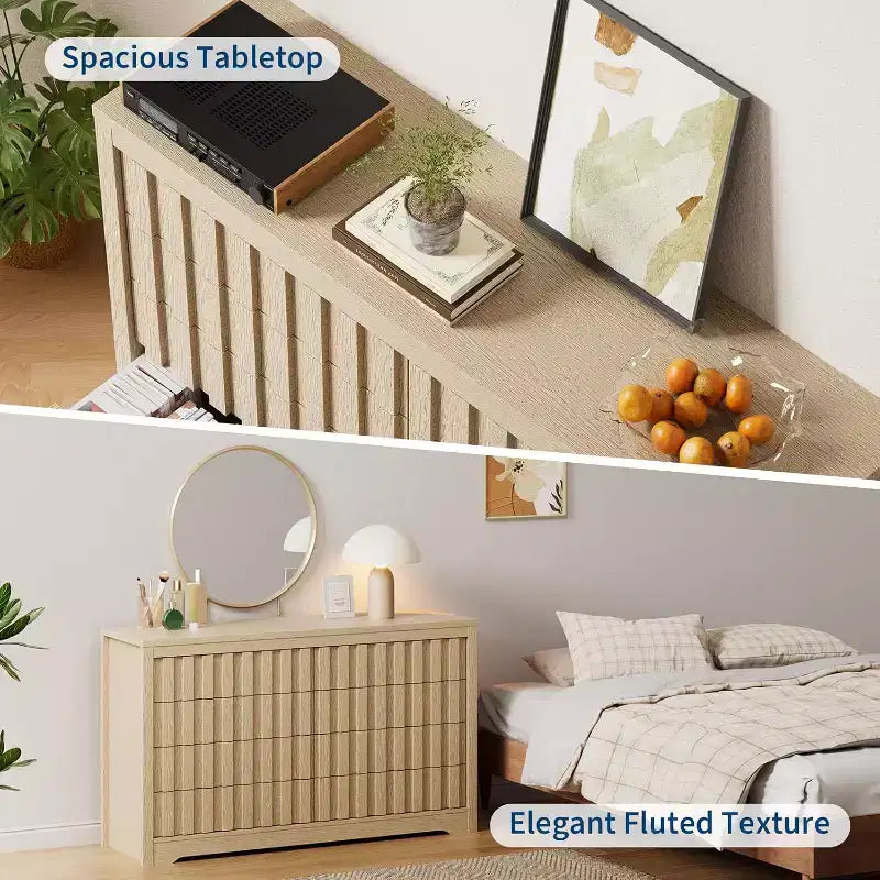 Commode Cannelée pour Chambre à Coucher avec 8 Tiroirs, Commode Moderne de 137 cm de Largeur avec Profil Courbe, Organisateur de Tiroirs en Bois Naturel pour Chambre à Coucher