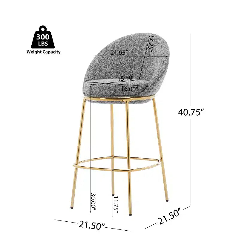 Lot de 2 tabourets de bar en métal rembourrés, cadre plaqué or avec dossier ergonomique demi-lune pour cuisine ou bar