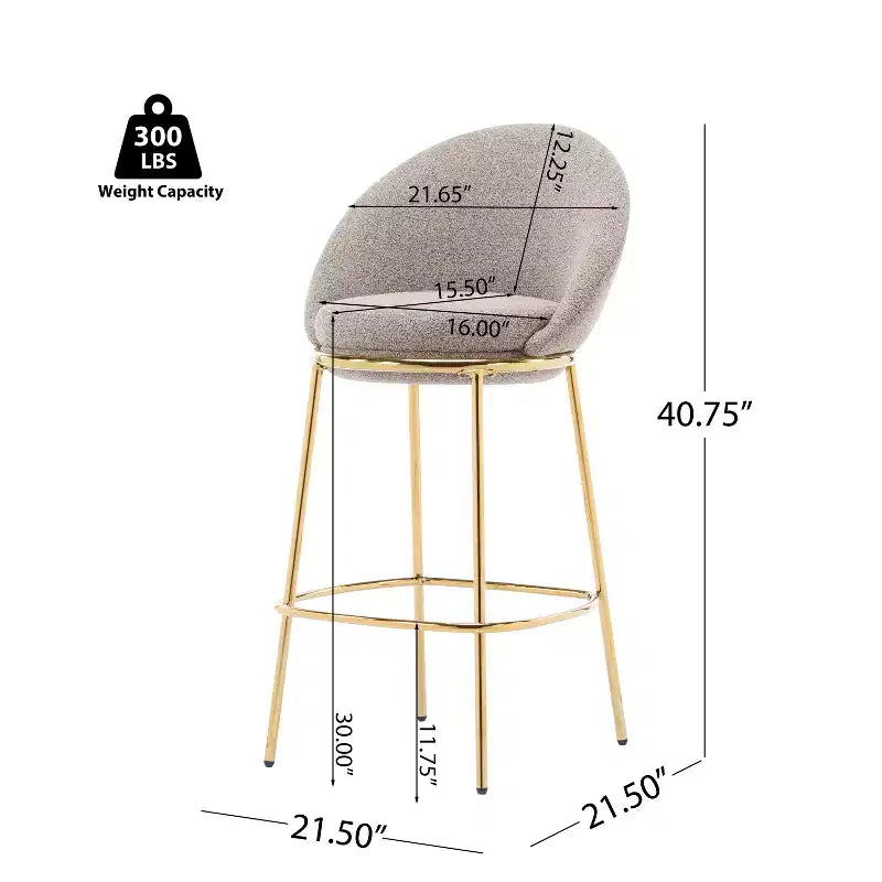 Lot de 2 tabourets de bar en métal rembourrés, cadre plaqué or avec dossier ergonomique demi-lune pour cuisine ou bar