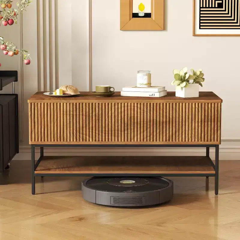 Table basse rectangulaire relevable de 39,4 pouces, style ferme avec rangement caché et étagère inférieure, convient pour le salon, marron vintage