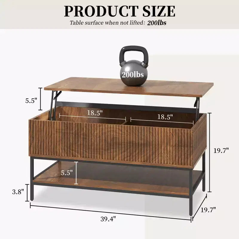Table basse rectangulaire relevable de 39,4 pouces, style ferme avec rangement caché et étagère inférieure, convient pour le salon, marron vintage