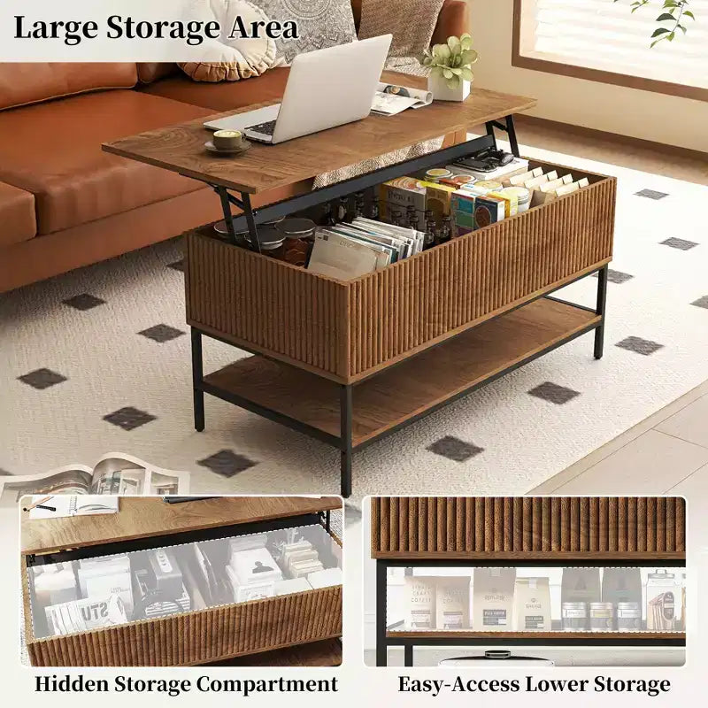 Table basse rectangulaire relevable de 39,4 pouces, style ferme avec rangement caché et étagère inférieure, convient pour le salon, marron vintage